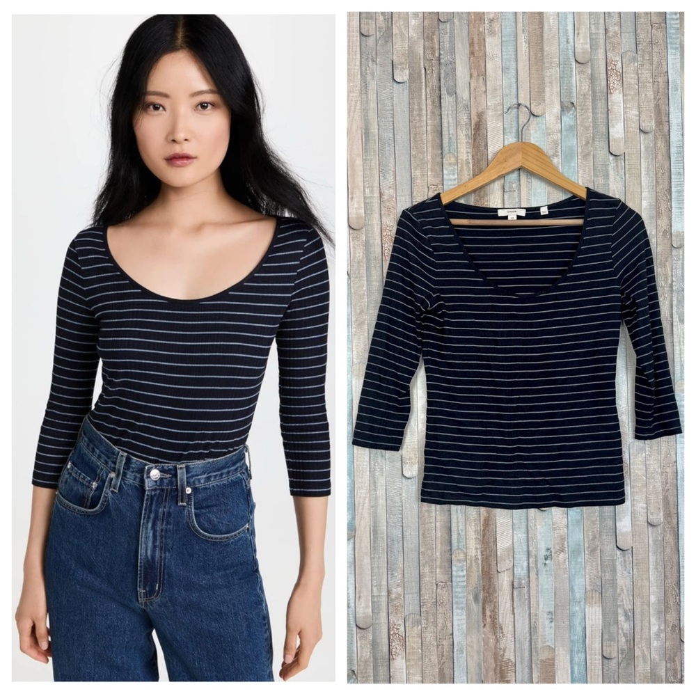 Vince M‎ Navy Striped Rib Knit Top Jersey Tee Shirt Round Scoop Neck Fitted $175